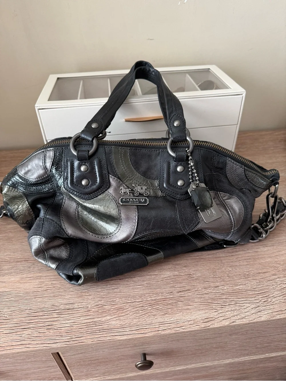 Coach Black Multi-Gray Circular Patchwork Leather Shoulder Bag